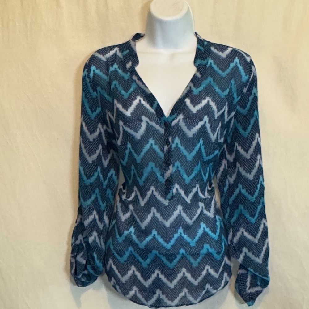 H-171 ANA A New Approach Blue White & Teal Long Sleeve Pullover Blouse Size M